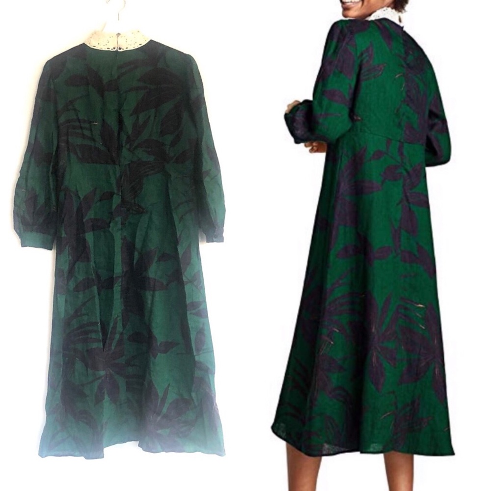 Zara Long Sleeve Leaf Print Crochet Linen Dress - Picture 2 of 9